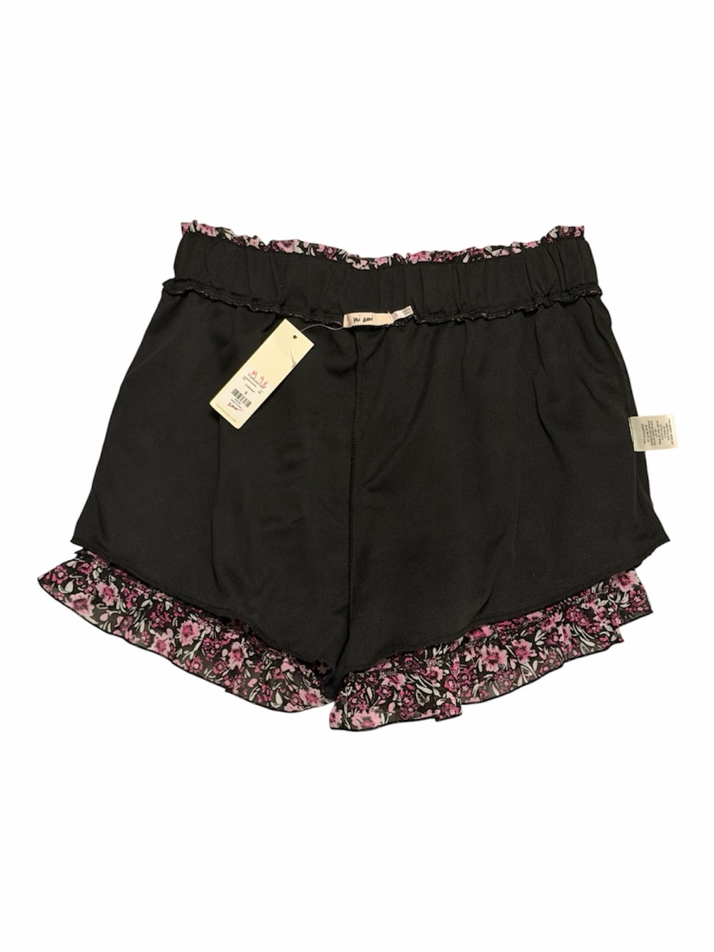 High-Waist Floral Ruffle Hem Shorts — Pink on Black Size Small - Picture 4 of 6